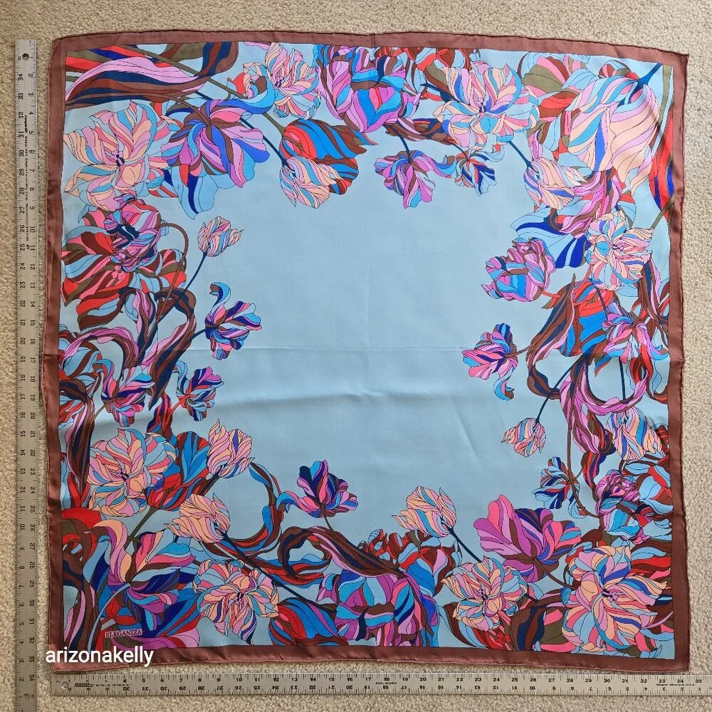 Eleganzza Silk Twill Scarf Floral Hand Rolled Edges